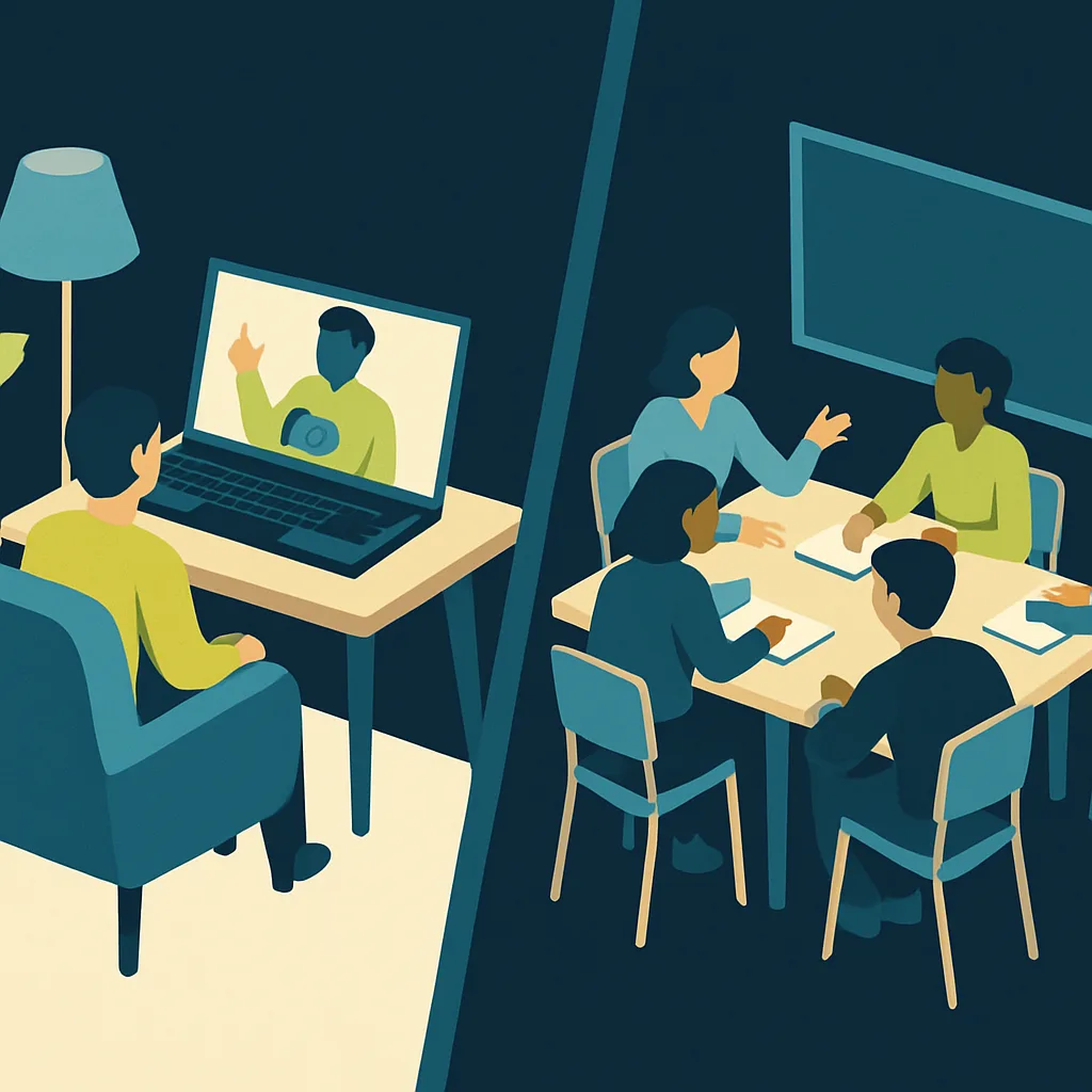 Learner watching a video alone, then a group practising together in class