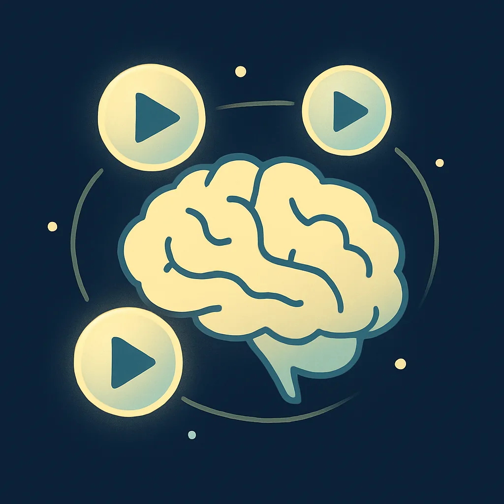 Illustration of a stylised brain surrounded by bright video icons.