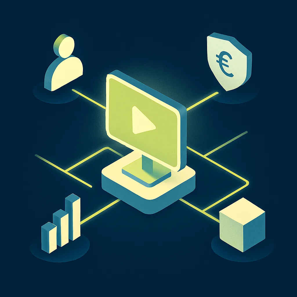 Illustration of a central podium broadcasting a video to several teams.