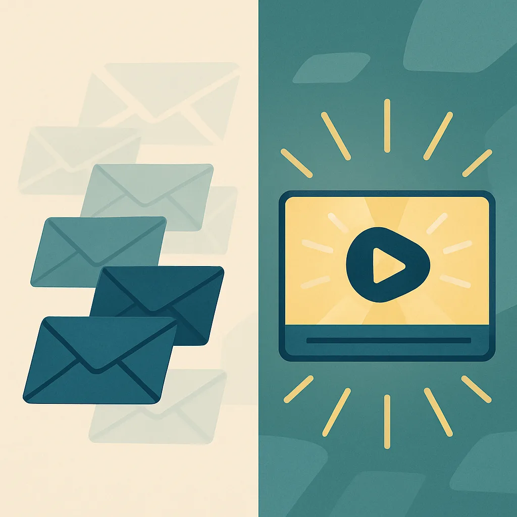 Illustration comparing stacked emails with a bright video.