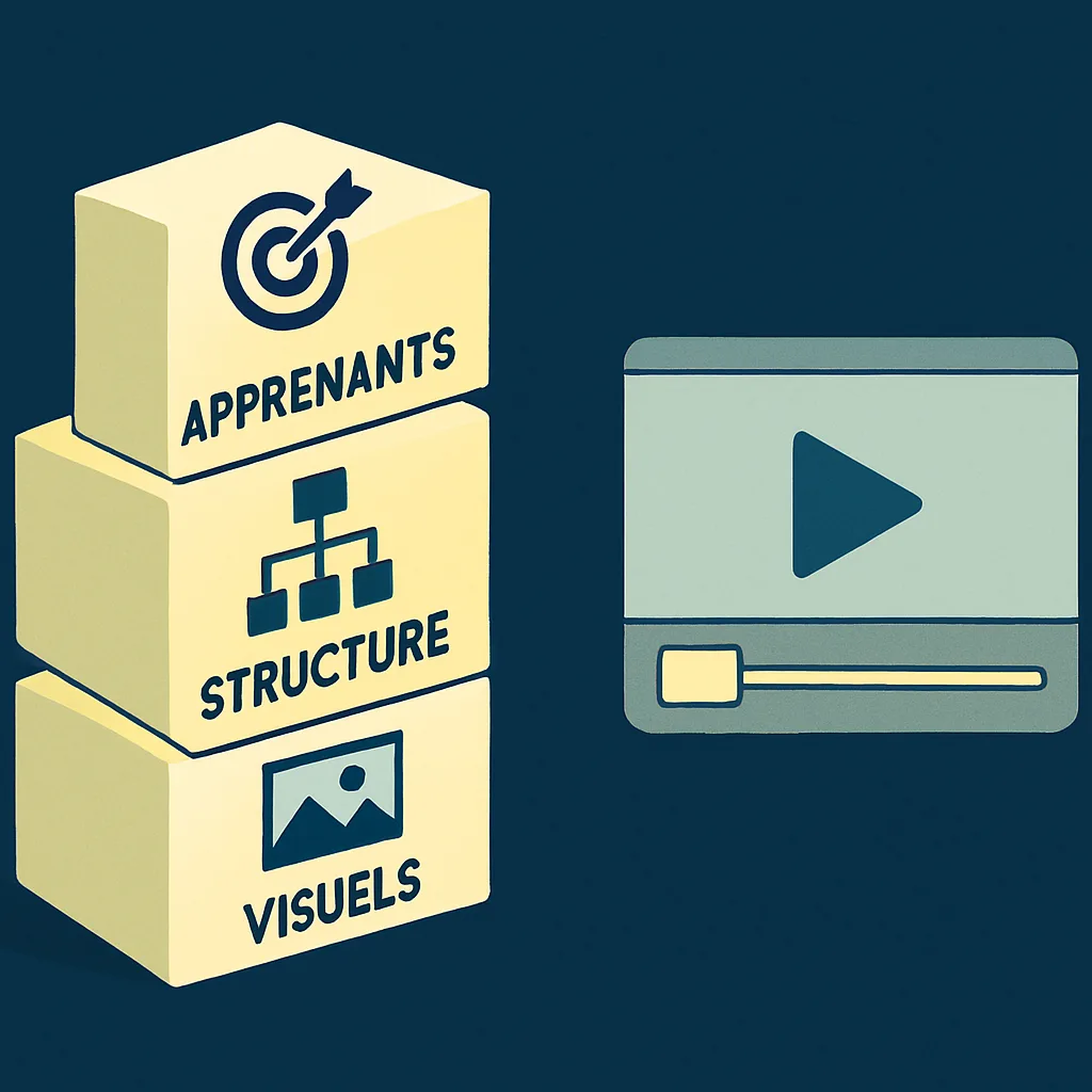 Illustration of a structured instructional module against a classic video editor