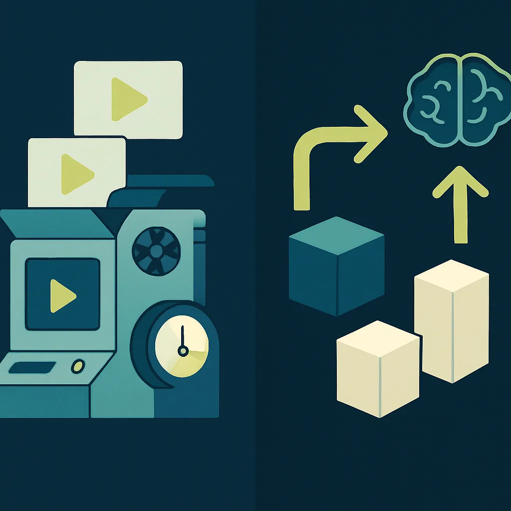 Illustration contrasting video generation with instructional knowledge transfer on a midnight-blue background.
