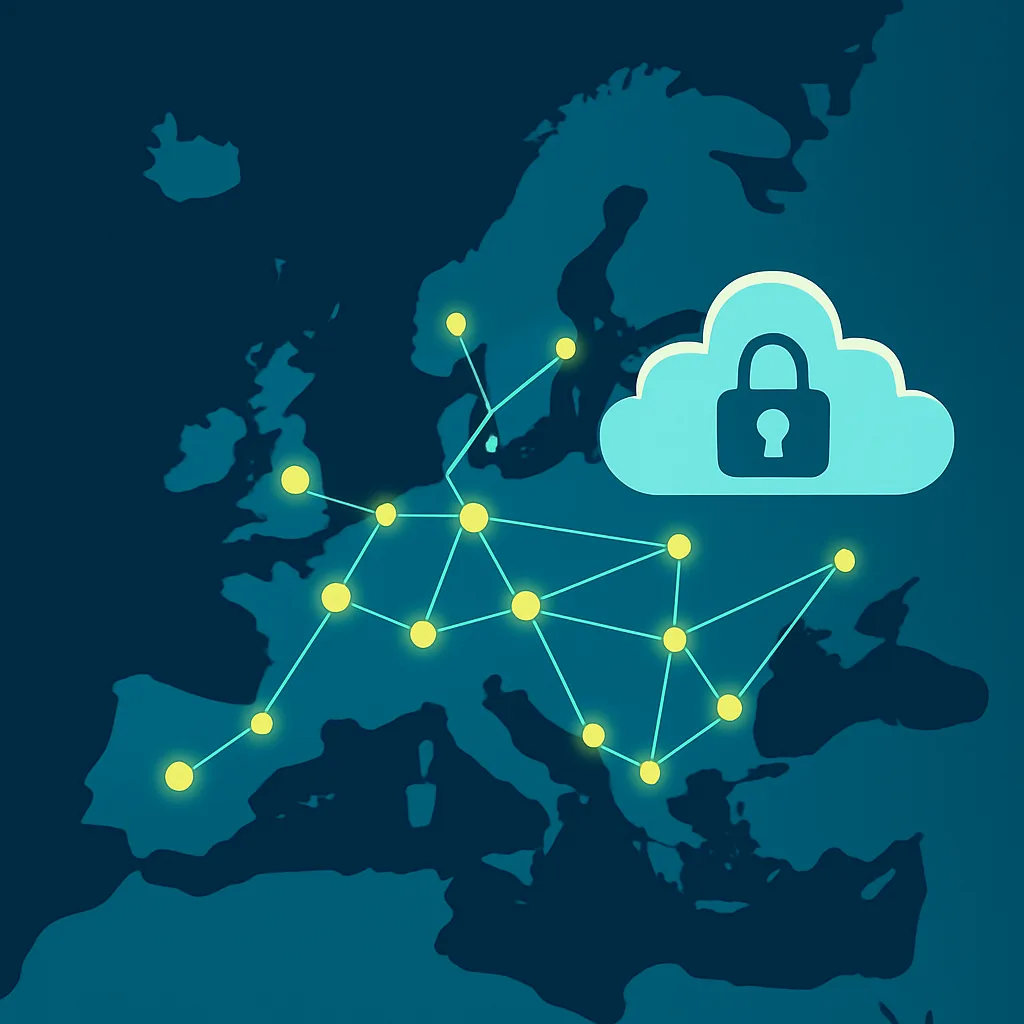 Illustration of a stylised map of Europe with secure data nodes