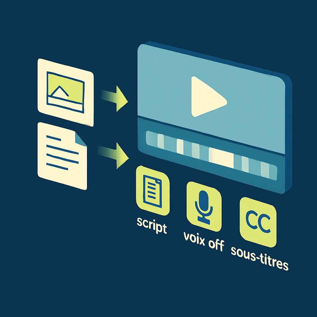 Illustration of digital materials converted into a structured video with script, voice-over and subtitles