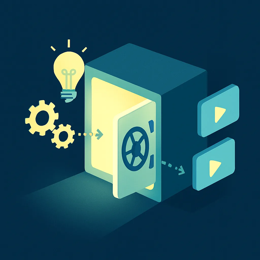 Illustration d’un coffre-fort de savoir transformant des idées en modules vidéo