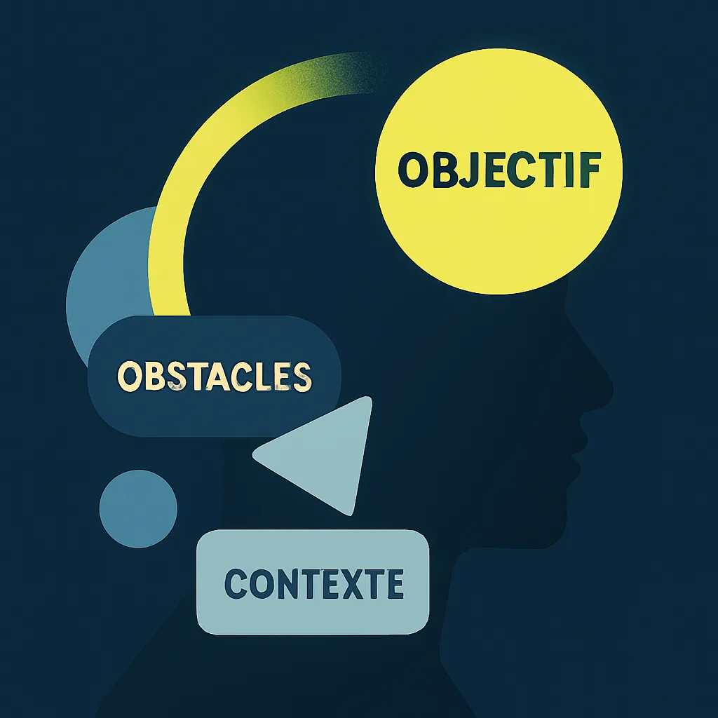 Stylised profile surrounded by elements symbolising goals and barriers