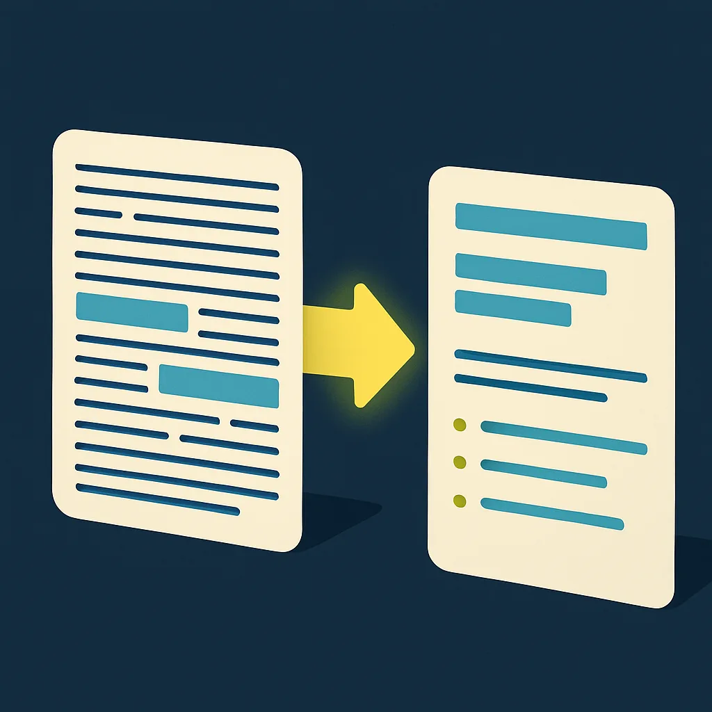 Illustration of the transformation of a dense document into a clear message.