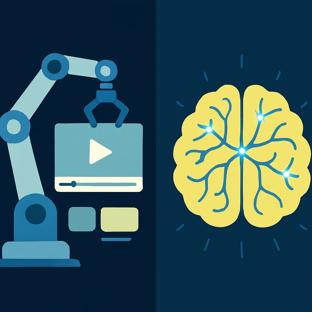 Illustration comparing an AI generating a video and a glowing human brain.