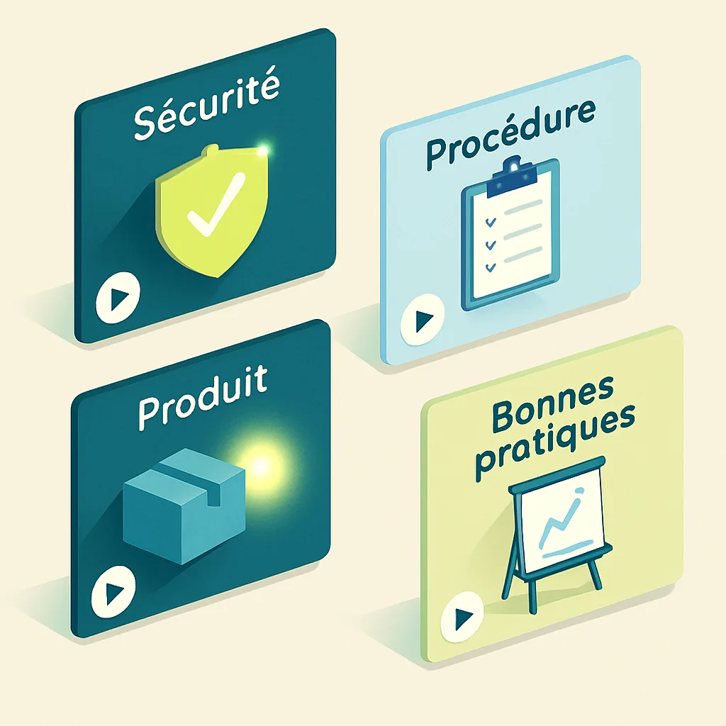 Illustration of video thumbnails representing different uses of micro-learning in the workplace.