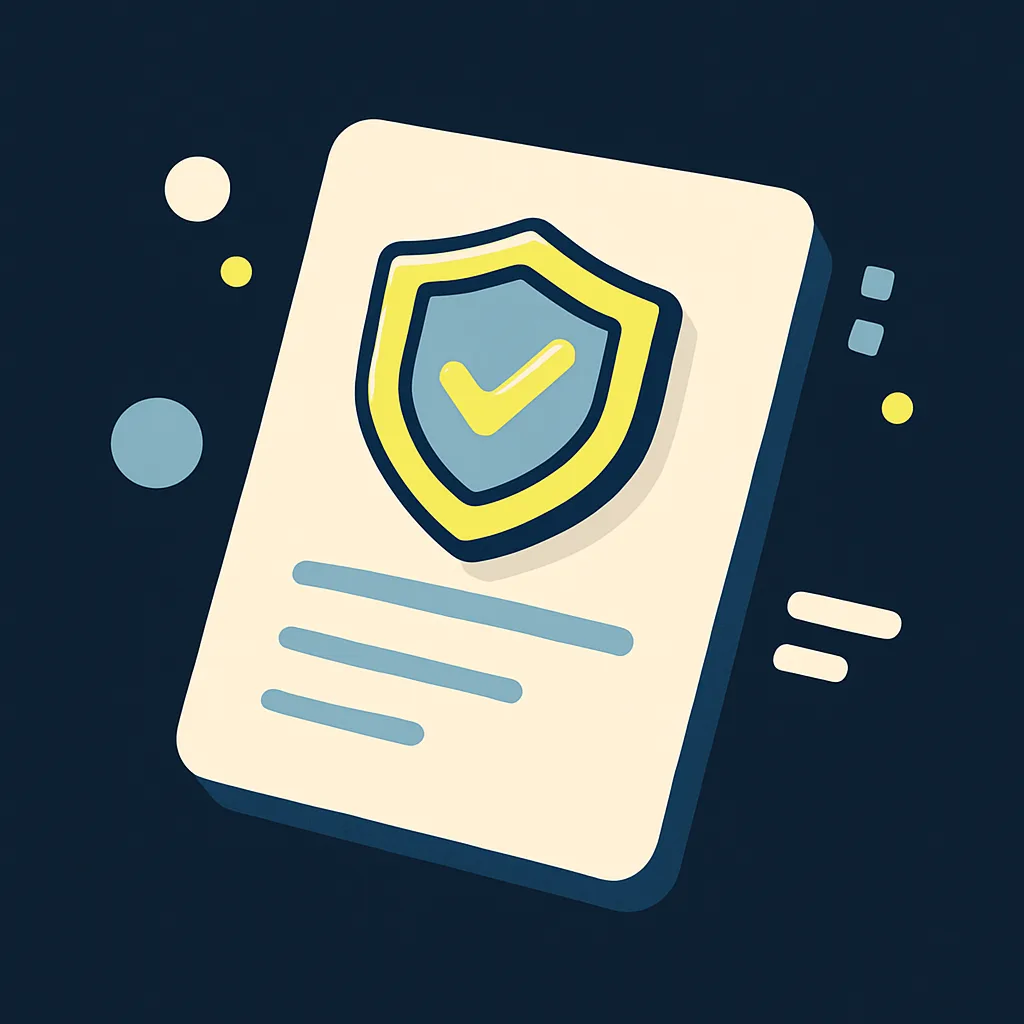 Illustration of a document certified as GDPR-compliant with a shield and a tick.