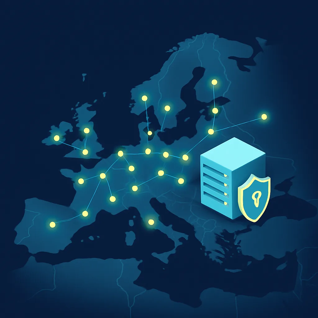 Illustration of a stylised map of Europe with secure servers.