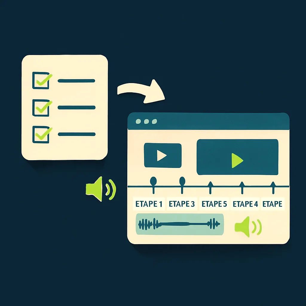 Illustration of a digital checklist turned into a structured video tutorial.