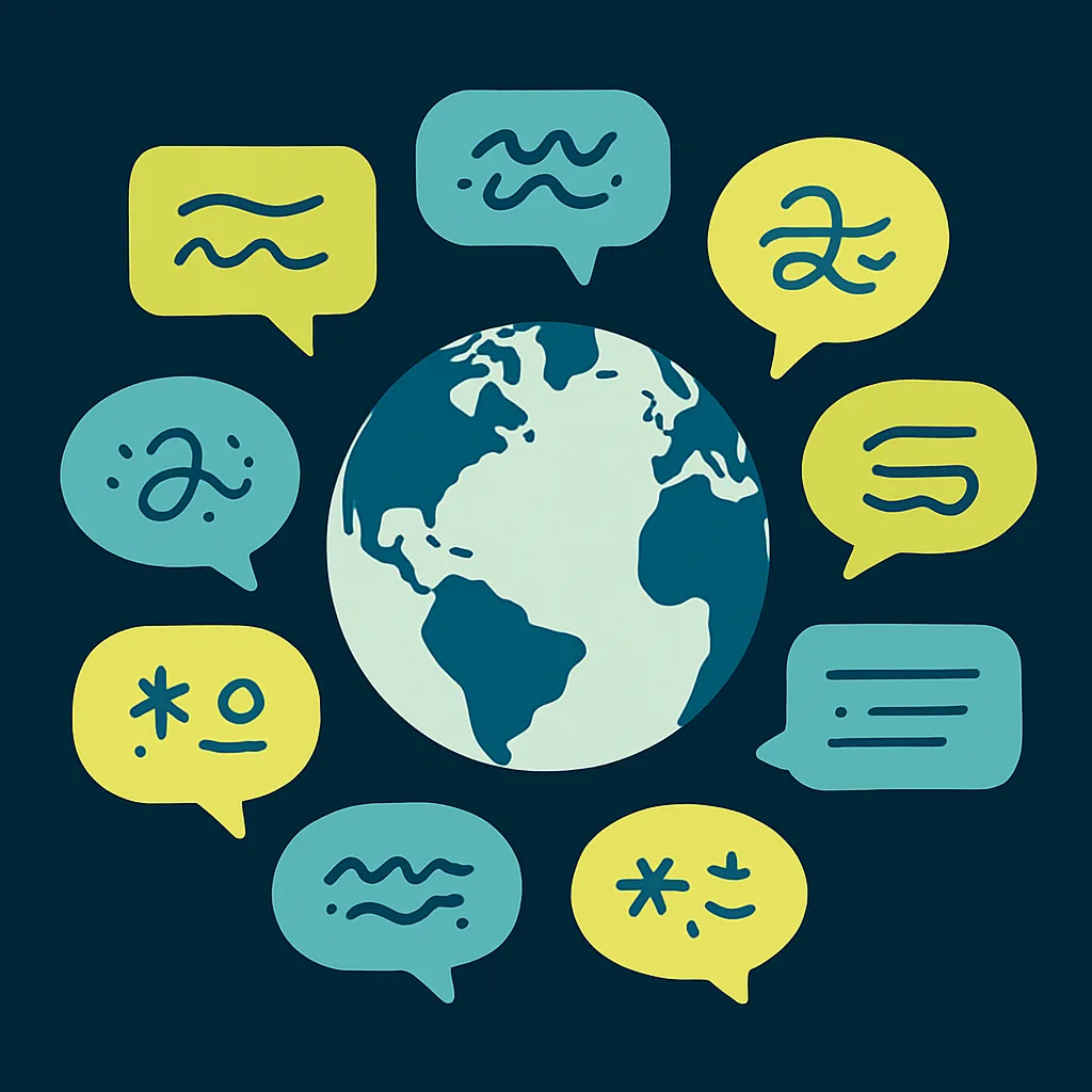 Globe surrounded by stylised multilingual speech bubbles